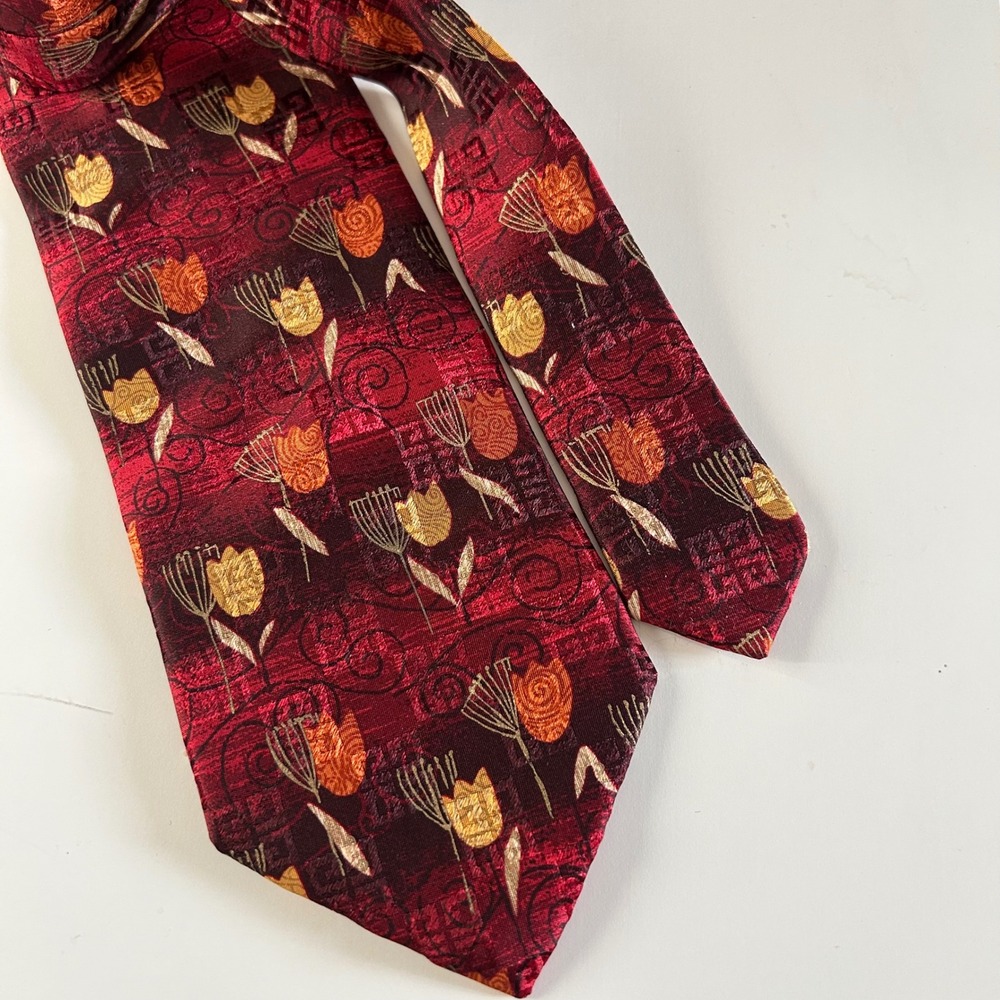 Vintage Givenchy Silk Necktie Tie Burgundy Red Tulip Floral Jacquard 3.5" Wide